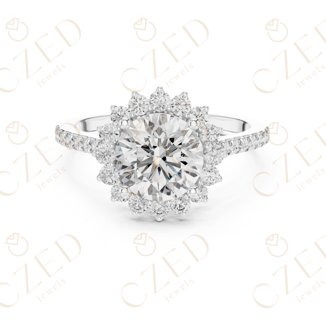 Round Cut Diamond Halo Engagement Ring with Pavé Band