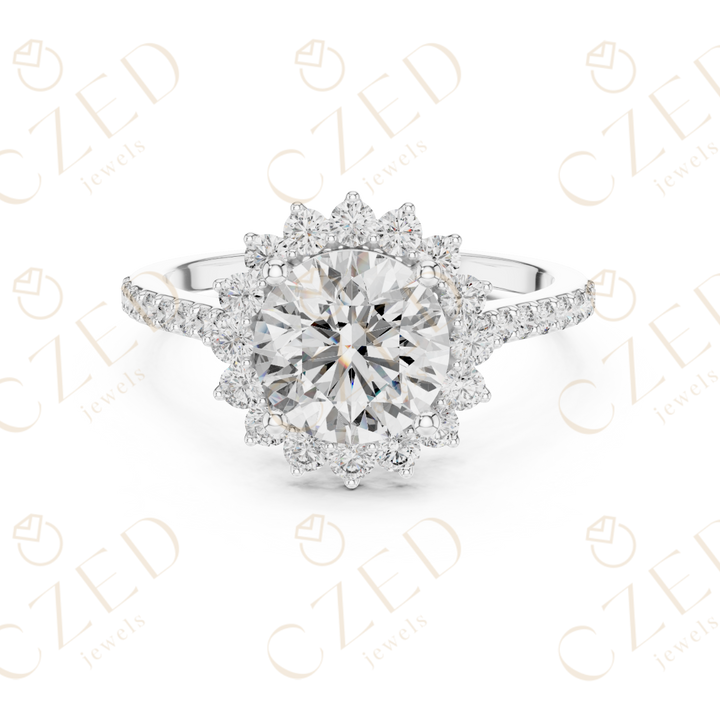 Round Cut Diamond Halo Engagement Ring with Pavé Band