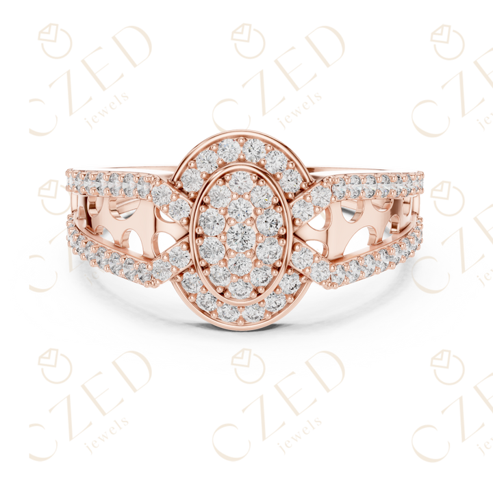 Oval Halo Diamond Cluster Ring with Split Pavé Band