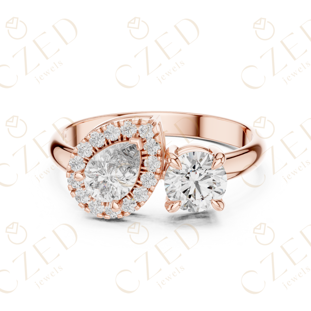 Pear and Round Cut Diamond Halo Two Stone Ring