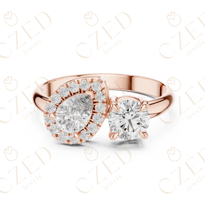Pear and Round Cut Diamond Halo Two Stone Ring