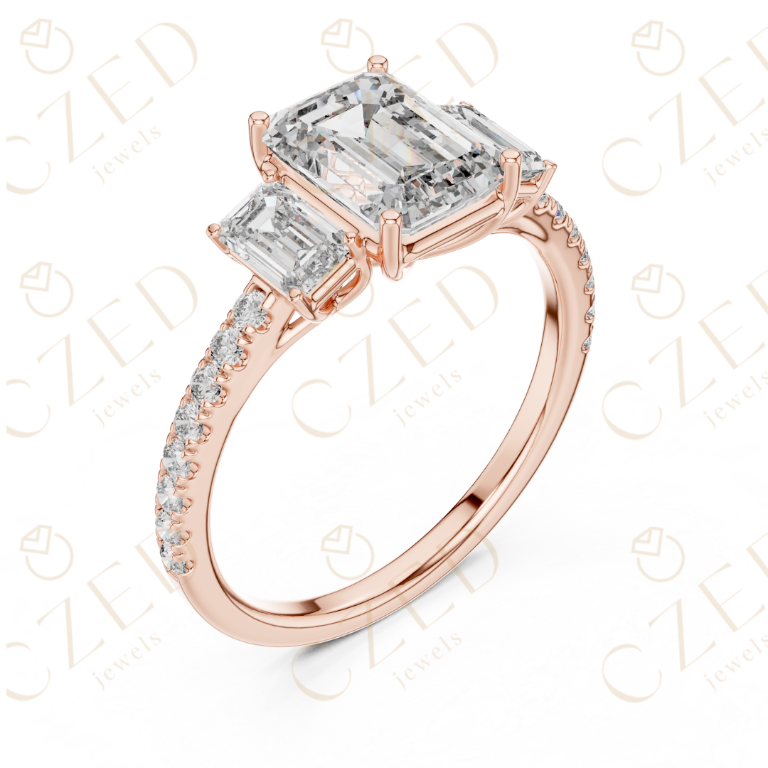 Emerald Cut Diamond Three Stone Ring with Pavé Band