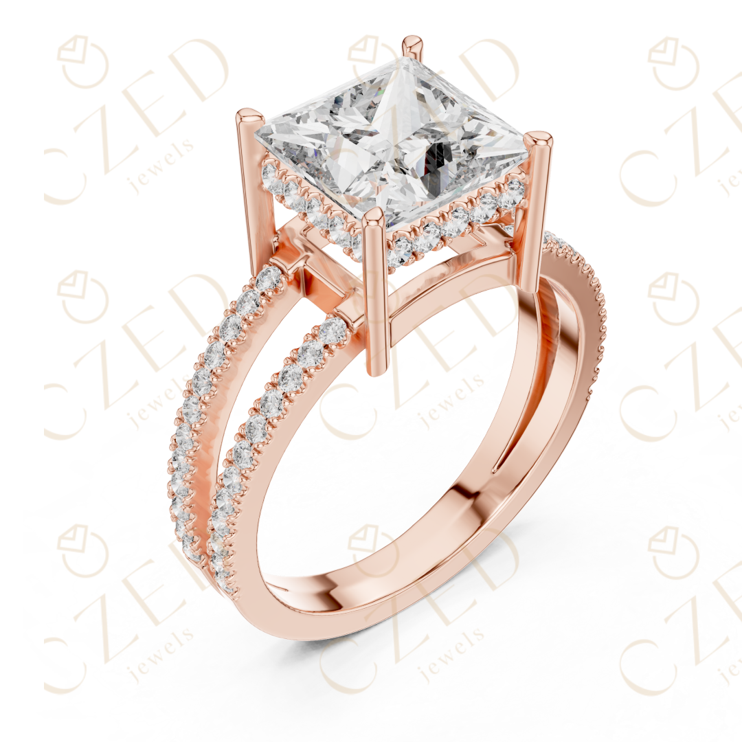 Princess Cut Solitaire Diamond Ring with Double Pavé Band