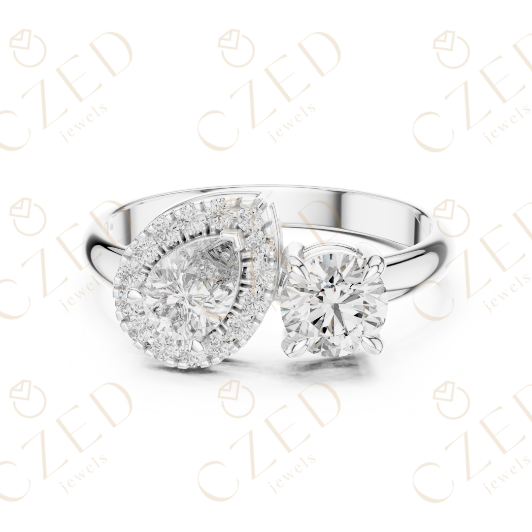 Pear and Round Cut Diamond Halo Two Stone Ring