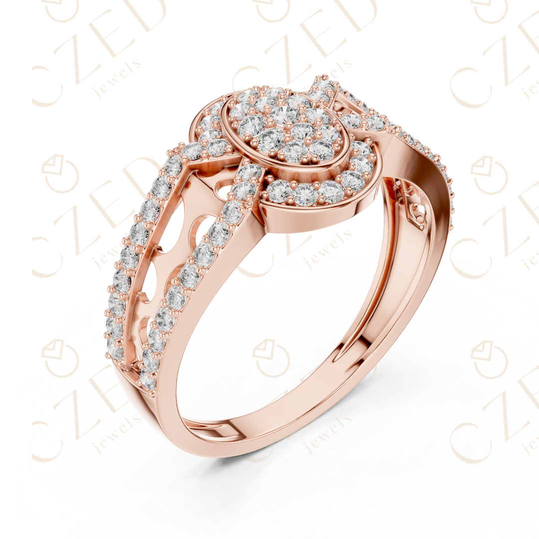 Oval Halo Diamond Cluster Ring with Split Pavé Band