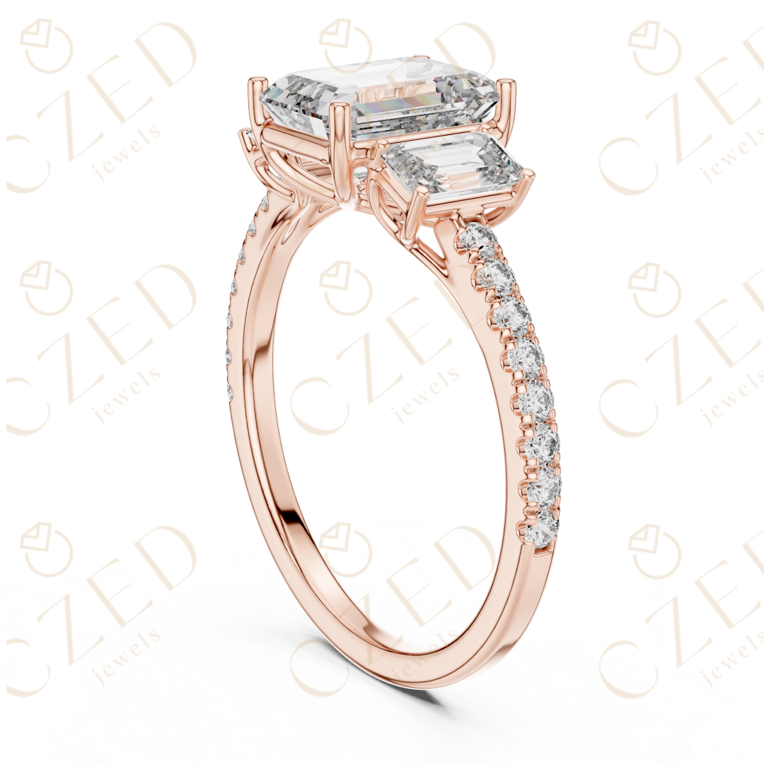 Emerald Cut Diamond Three Stone Ring with Pavé Band