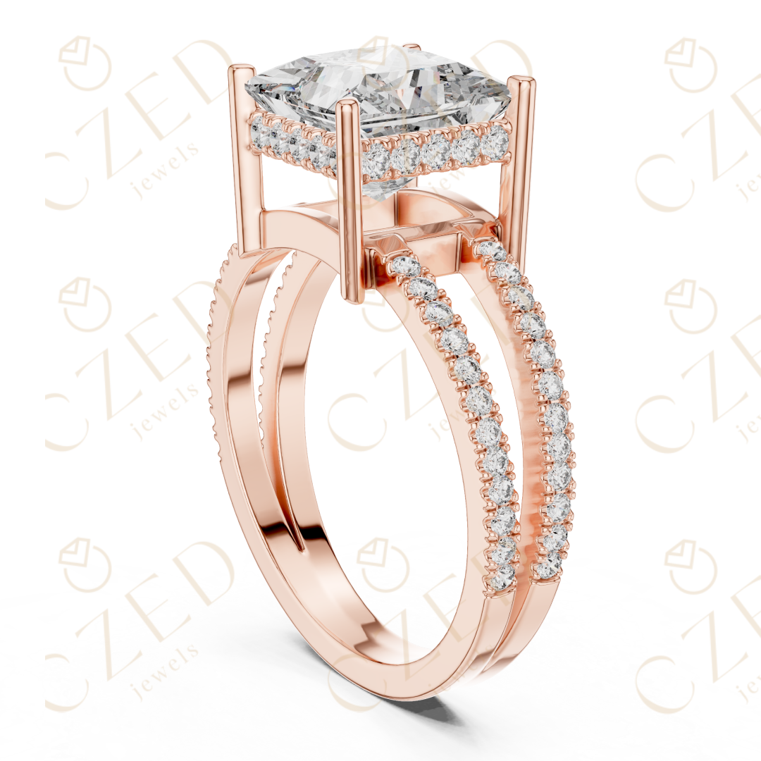 Princess Cut Solitaire Diamond Ring with Double Pavé Band