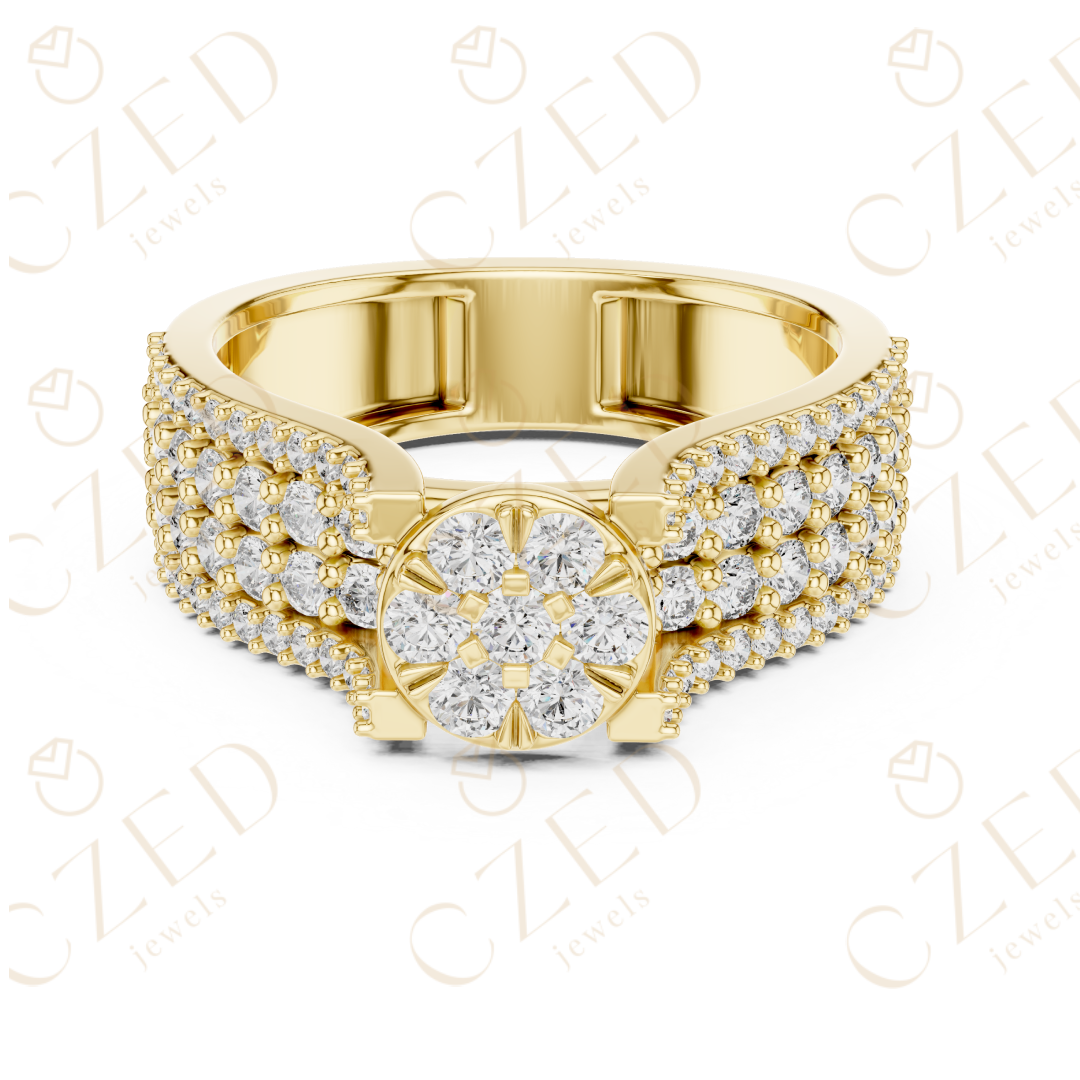 Round Brilliant Diamond Cluster Halo Band with Pavé Shoulders