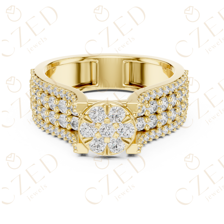 Round Brilliant Diamond Cluster Halo Band with Pavé Shoulders