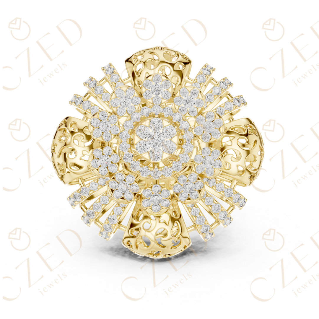 Round Brilliant Diamond Floral Halo Ring with Radiant Cluster Design