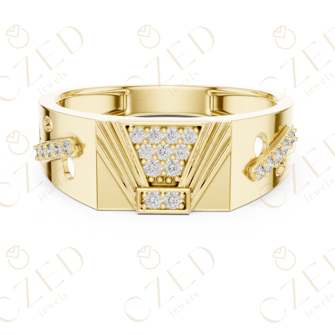 Round Cut Diamond Geometric Pavé Signet Band Ring