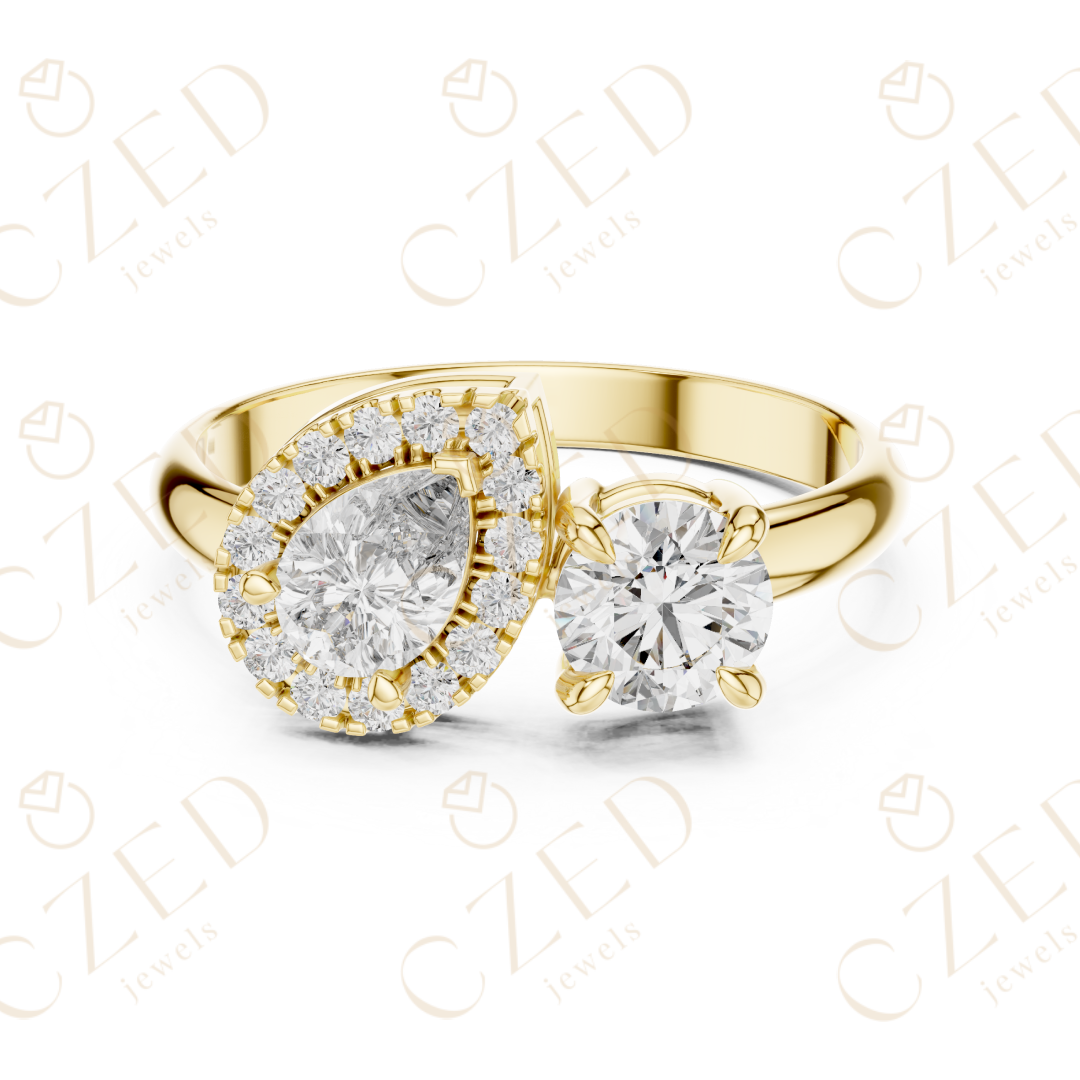 Pear and Round Cut Diamond Halo Two Stone Ring