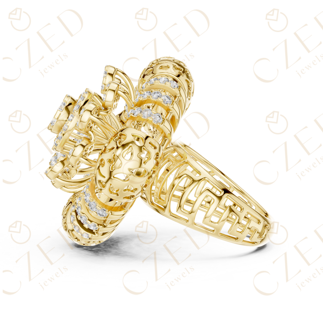 Round Brilliant Diamond Floral Halo Ring with Radiant Cluster Design