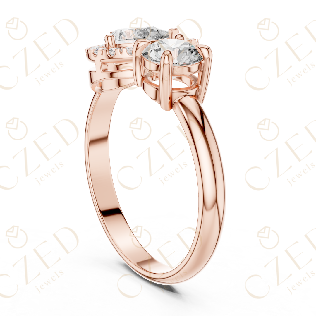 Pear and Round Cut Diamond Halo Two Stone Ring