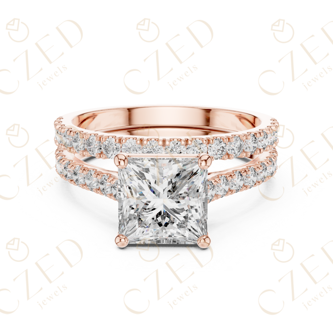 Princess Cut Diamond Split Shank Pave Engagement Ring