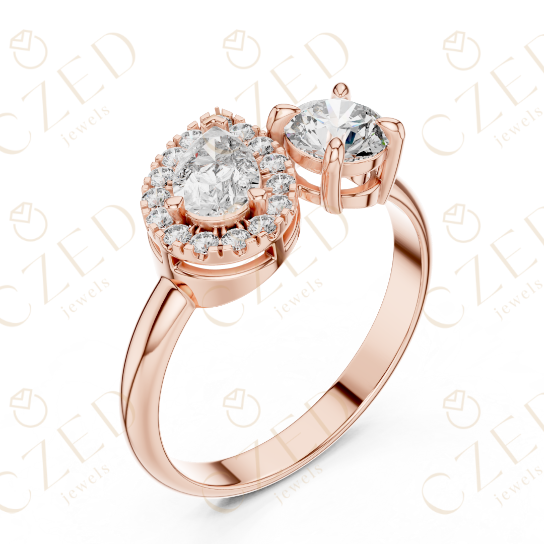 Pear and Round Cut Diamond Halo Two Stone Ring