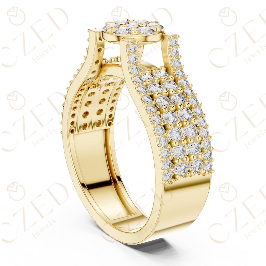 Round Brilliant Diamond Cluster Halo Band with Pavé Shoulders