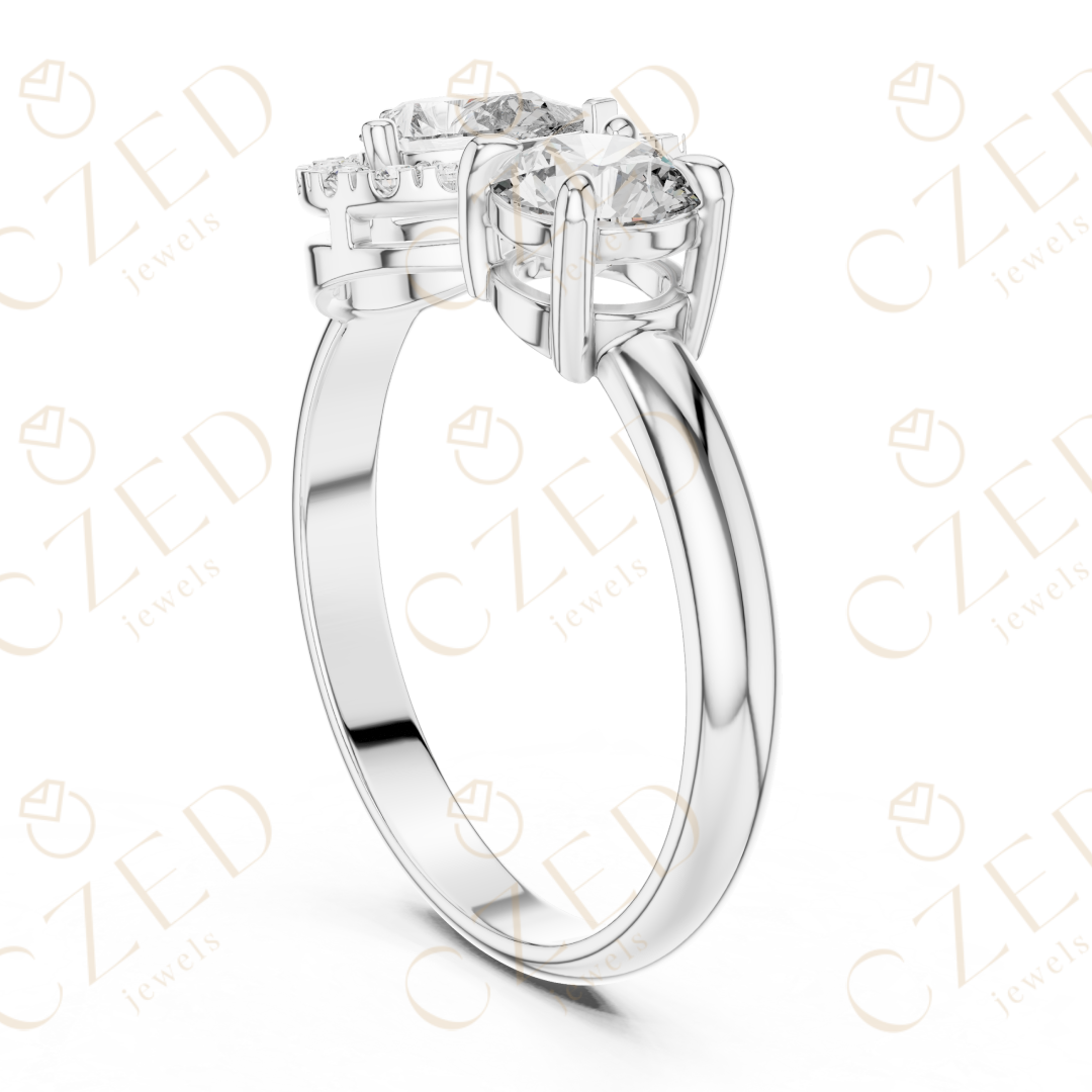 Pear and Round Cut Diamond Halo Two Stone Ring