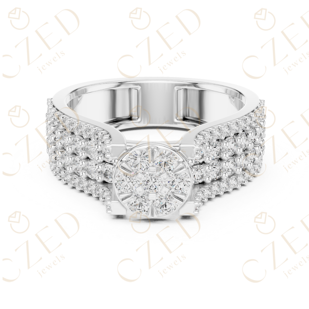 Round Brilliant Diamond Cluster Halo Band with Pavé Shoulders