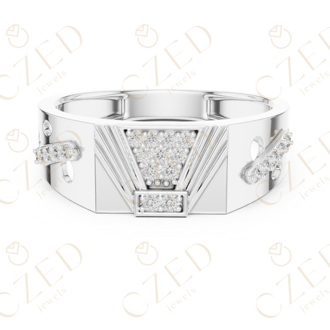 Round Cut Diamond Geometric Pavé Signet Band Ring