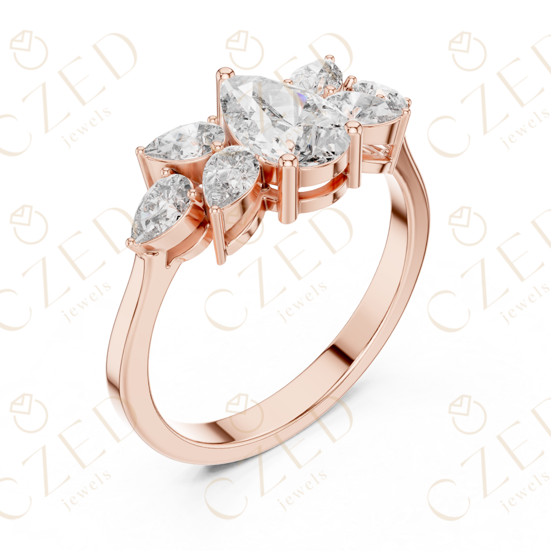 Pear Cut Diamond Floral Side Stone Ring with Elegant Petal-Inspired Brilliance