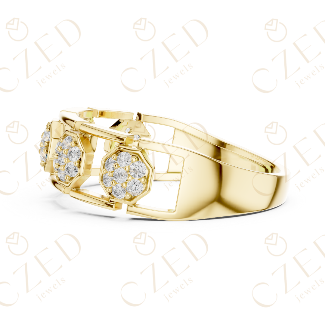 Round Cut Diamond Pavé Hexagon Panel Men’s Band with Openwork Links