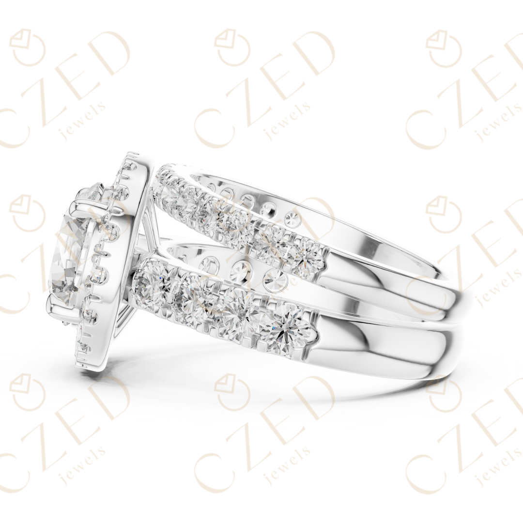 Round Brilliant Diamond Halo Ring with Double Row Pave Band and Matching Band