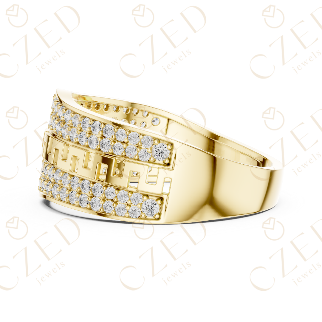 Round Cut Diamond Pavé Panel Men’s Band with Greek Key Openwork