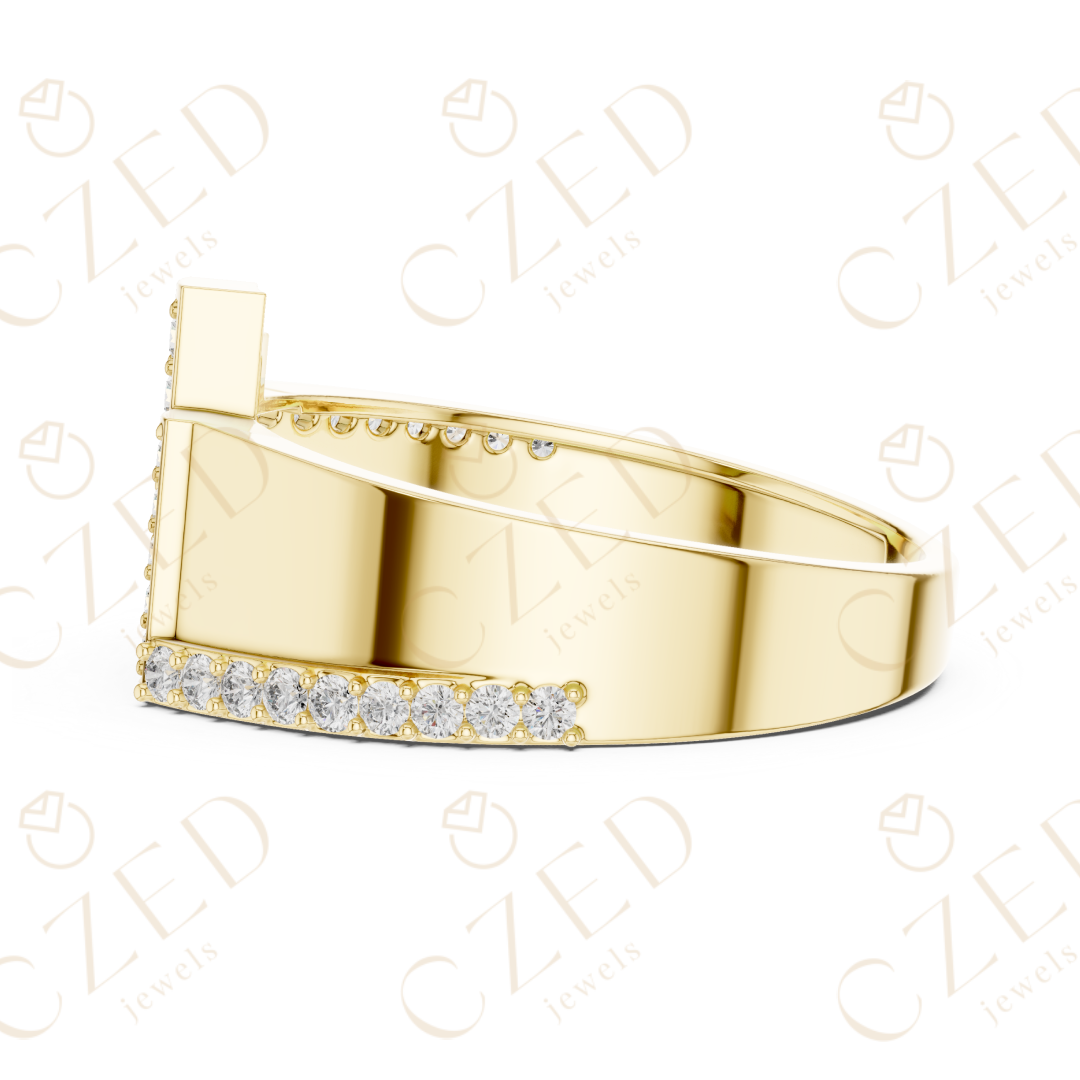 Round Brilliant Diamond Geometric Step Panel Band Ring