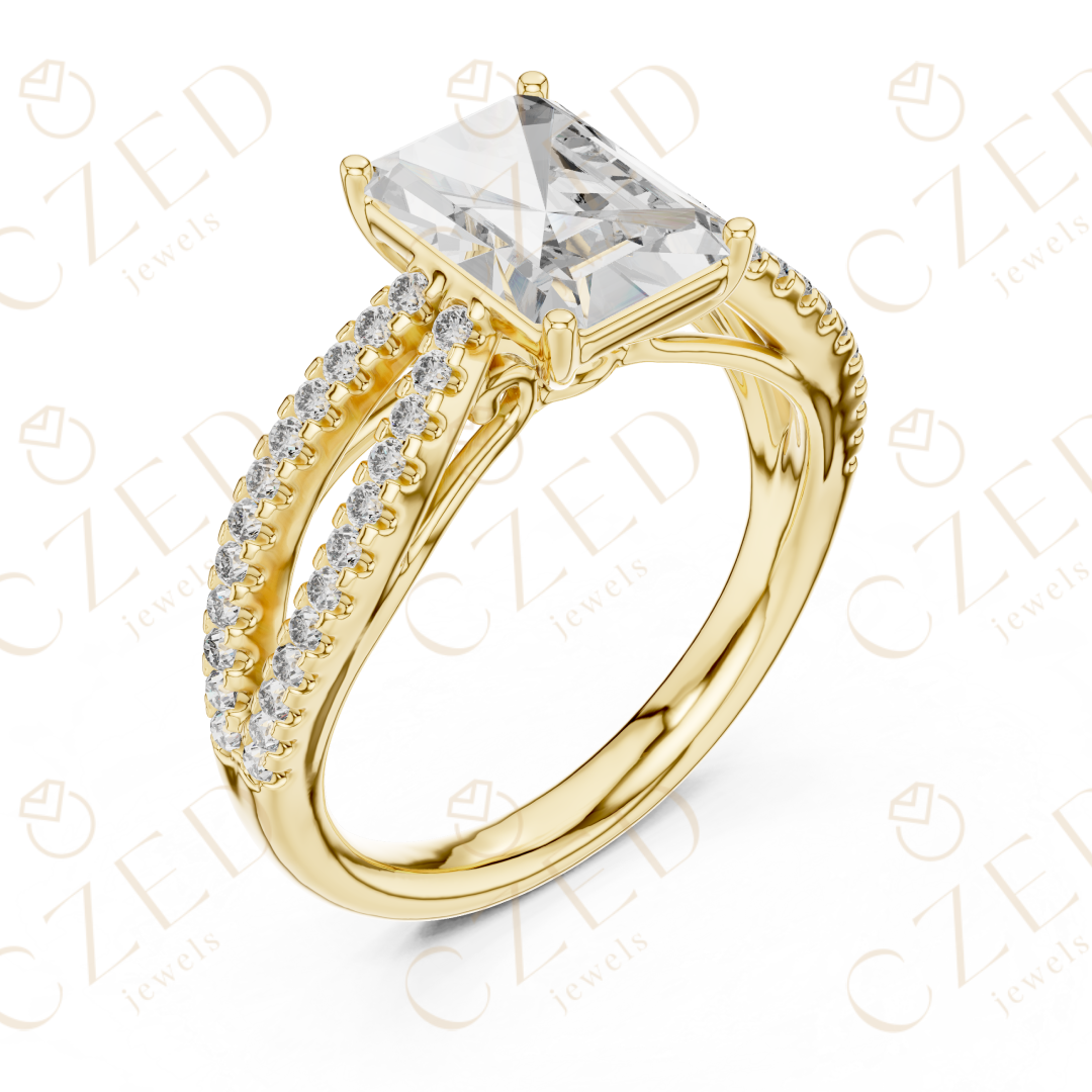 Radiant Cut Diamond Solitaire Ring with Pavé Set Split Shank