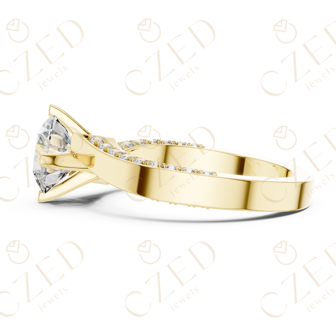 Round Brilliant Solitaire Diamond Ring with Twisted Pavé Accents