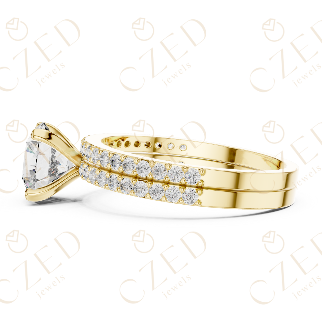 Round Brilliant Diamond Solitaire Ring with Double Row Pave Band