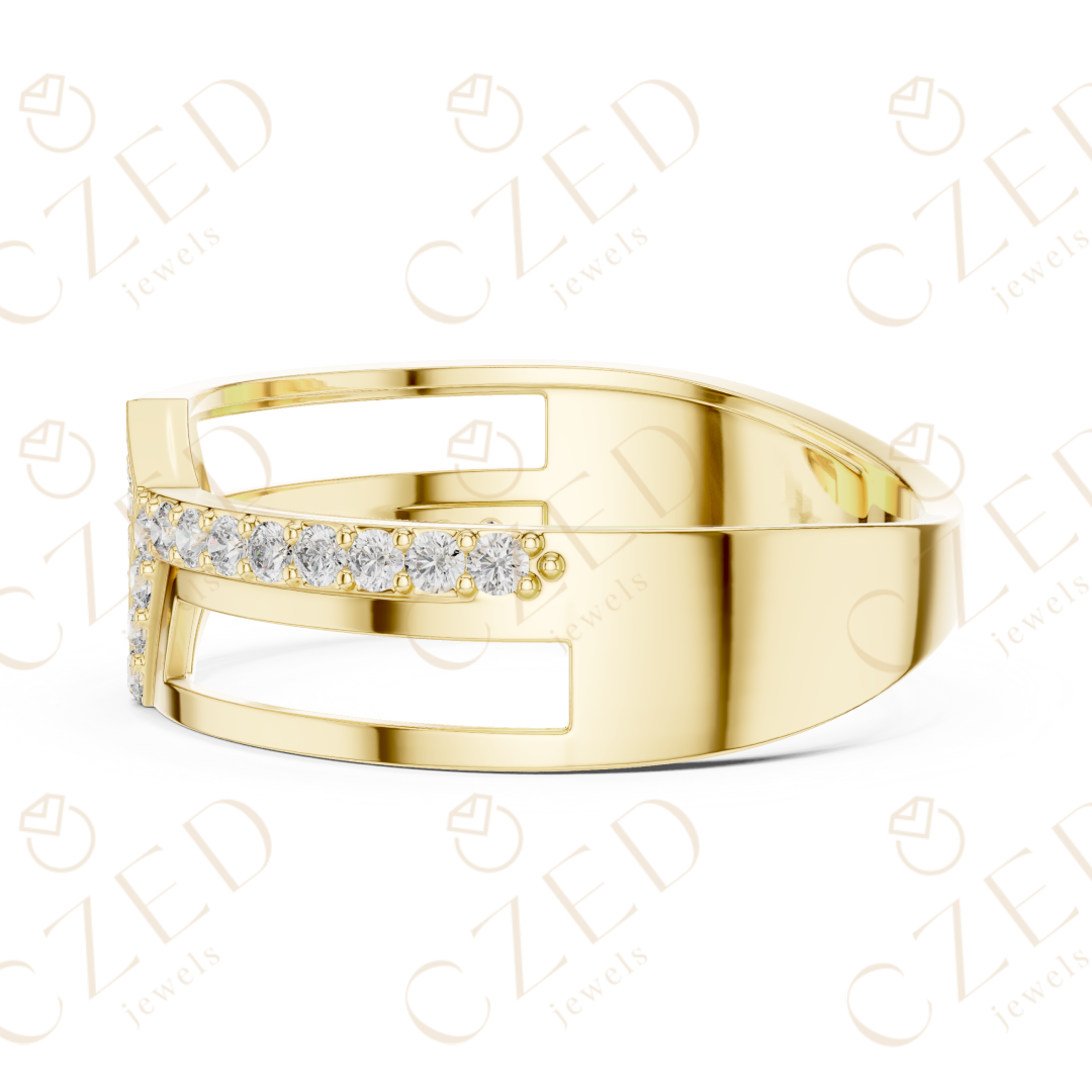 Round Cut Diamond Geometric Panel Band with Pavé Accents