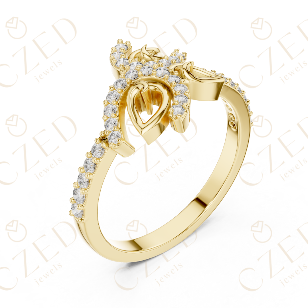 Round Cut Diamond Floral Leaf Halo Ring