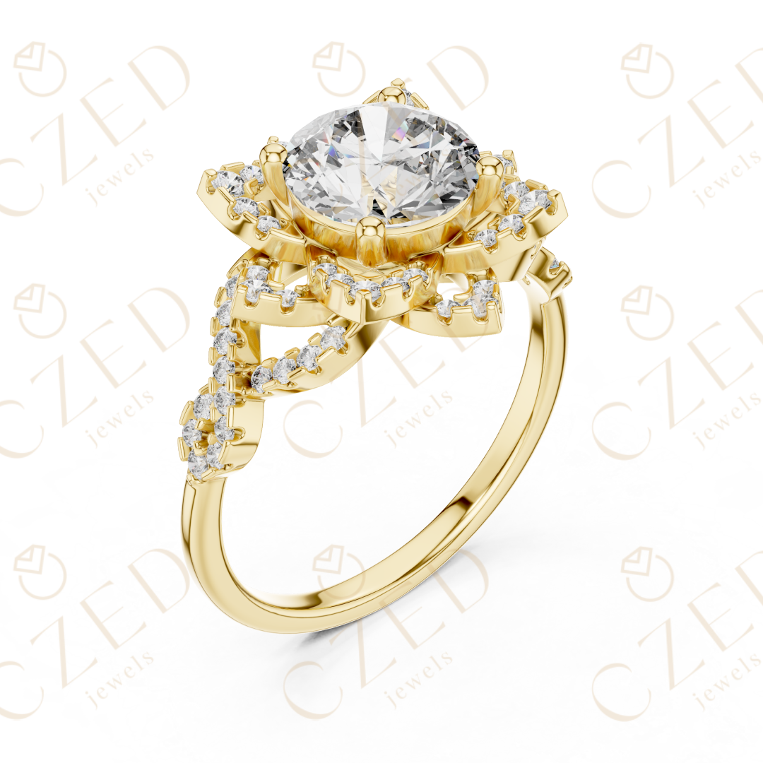 Round Cut Floral Halo Diamond Engagement Ring