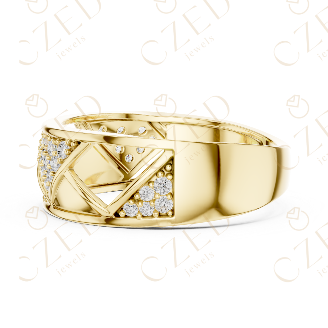 Round Cut Diamond Geometric Cross Band Ring