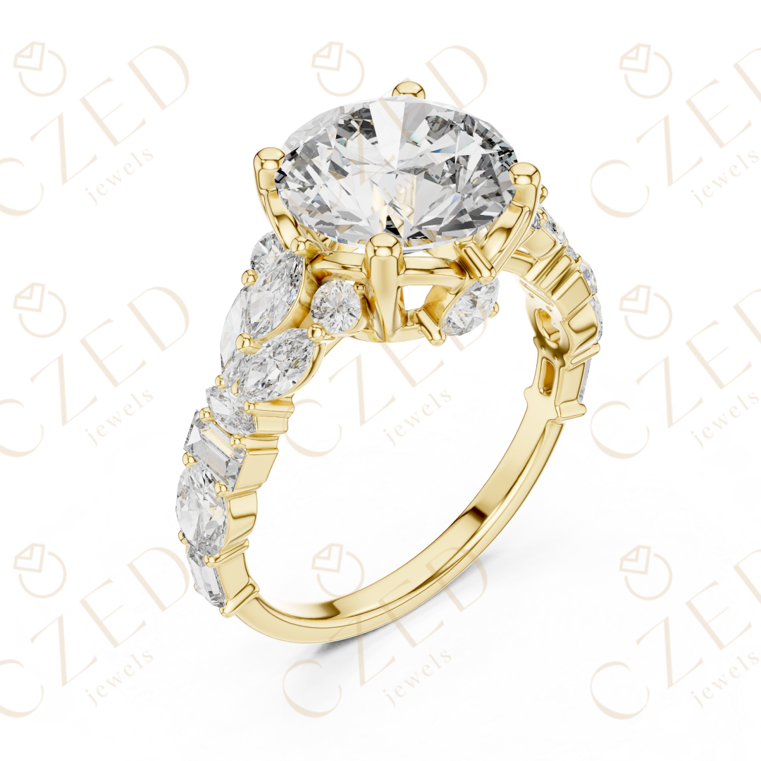 Round Cut Diamond Engagement Ring with Mixed Shape Side Stones