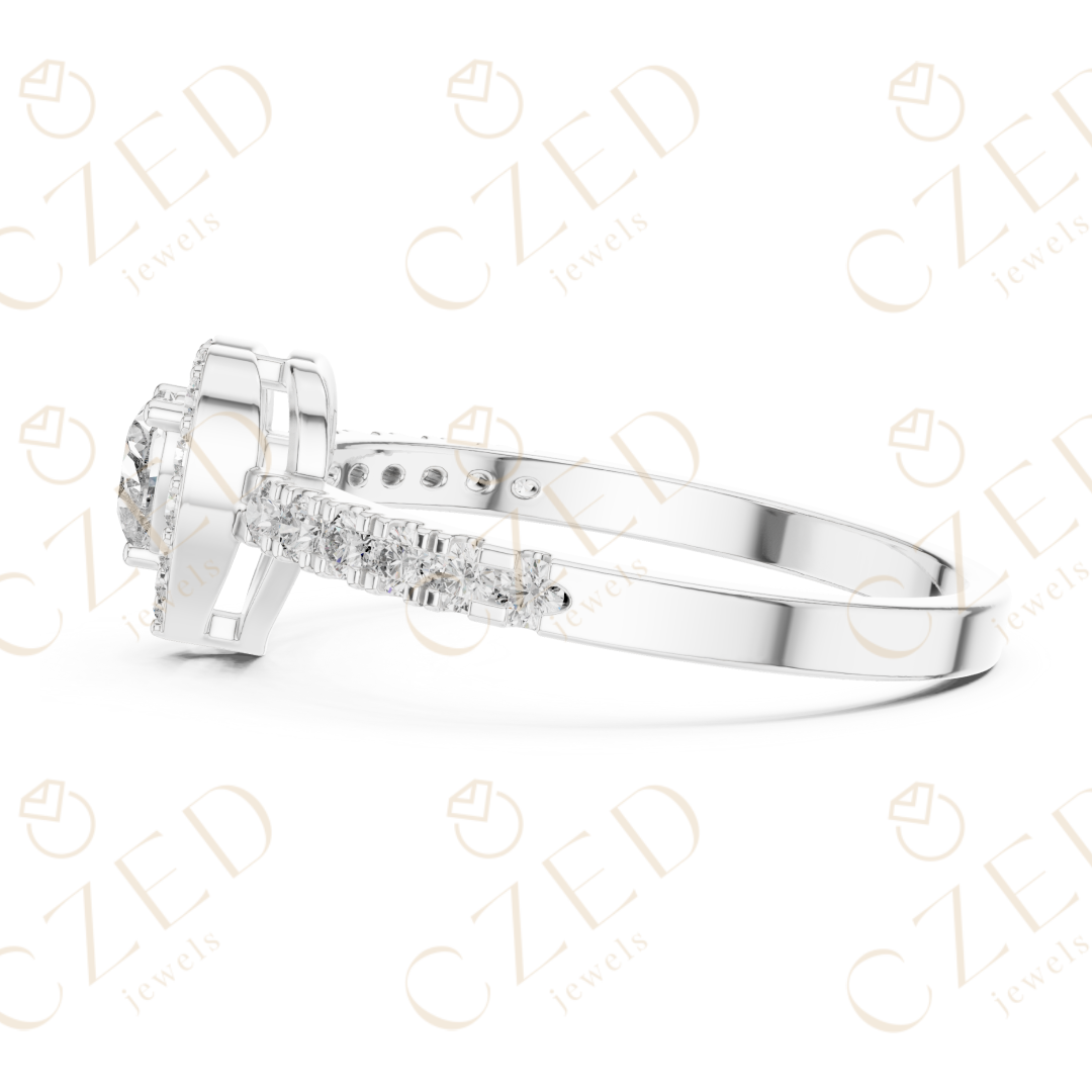 Heart Cut Diamond Halo Ring with Pavé Accented Band and Romantic Brilliance