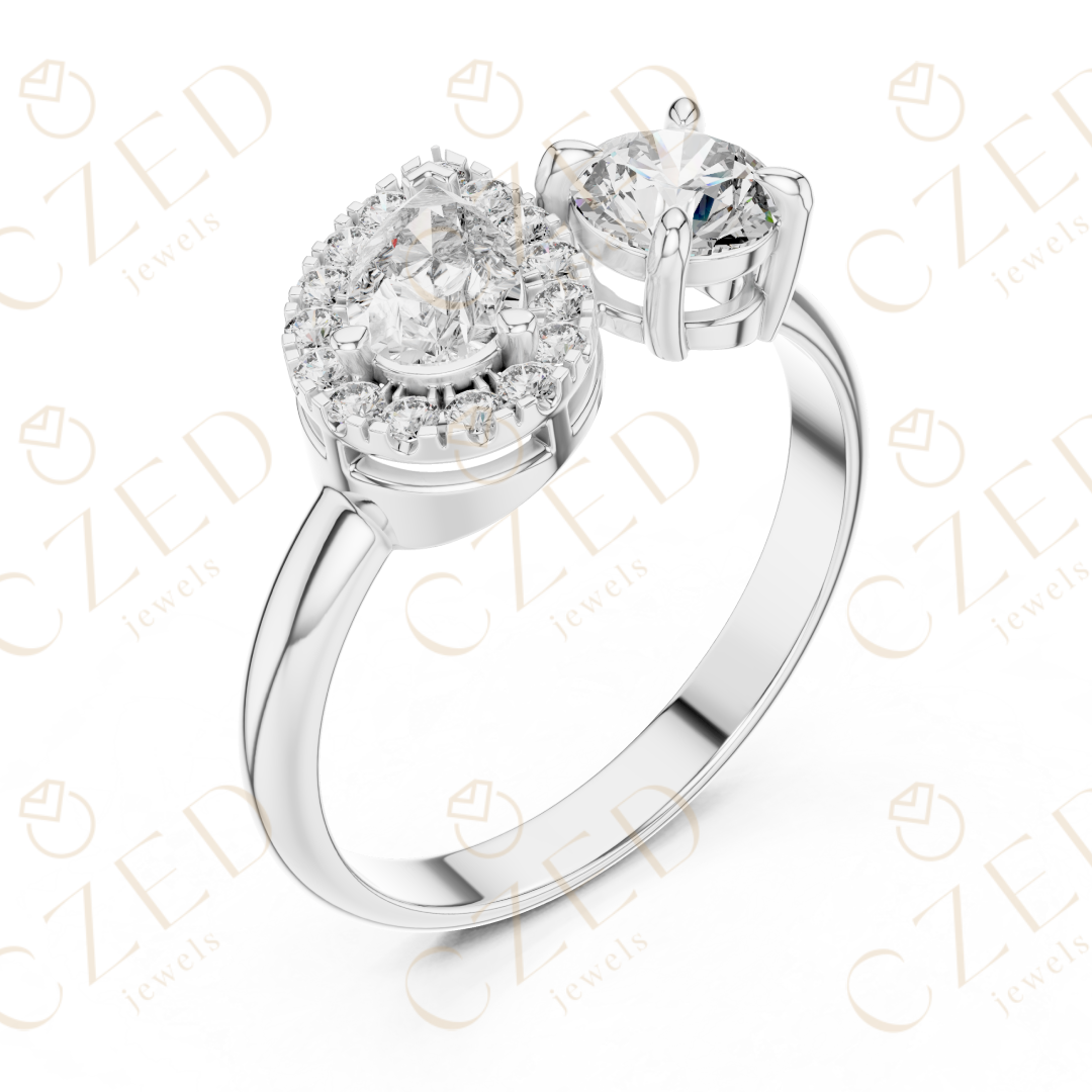 Pear and Round Cut Diamond Halo Two Stone Ring