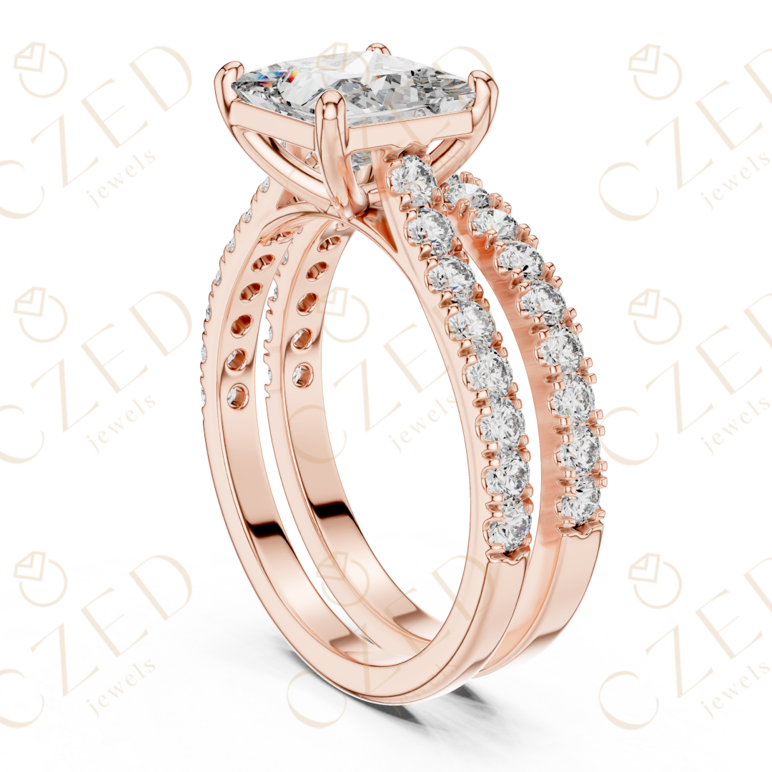 Princess Cut Diamond Split Shank Pave Engagement Ring