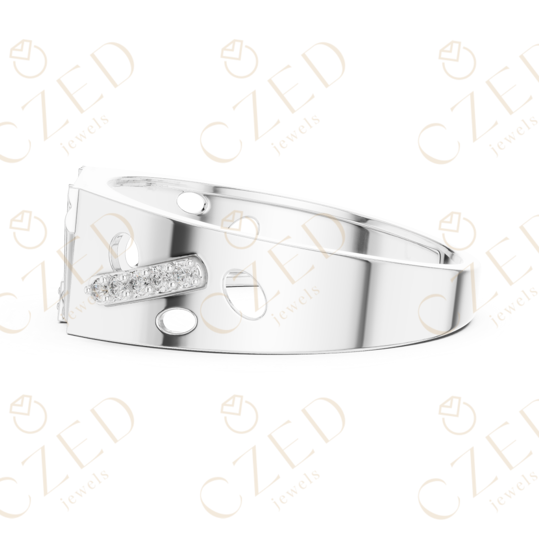 Round Cut Diamond Geometric Pavé Signet Band Ring