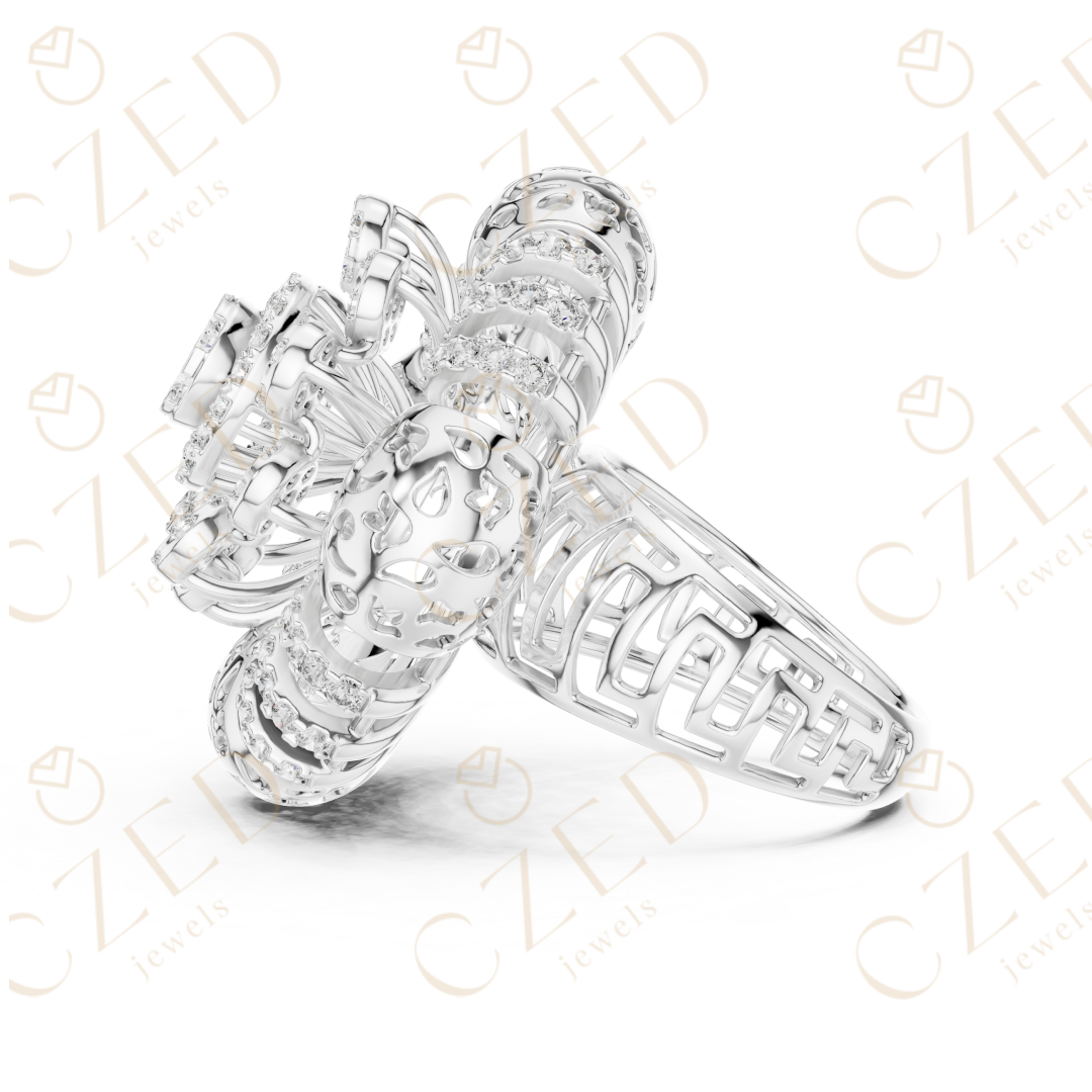 Round Brilliant Diamond Floral Halo Ring with Radiant Cluster Design