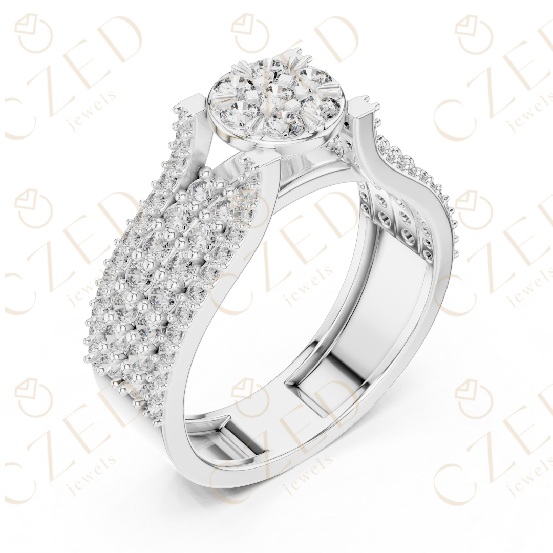 Round Brilliant Diamond Cluster Halo Band with Pavé Shoulders