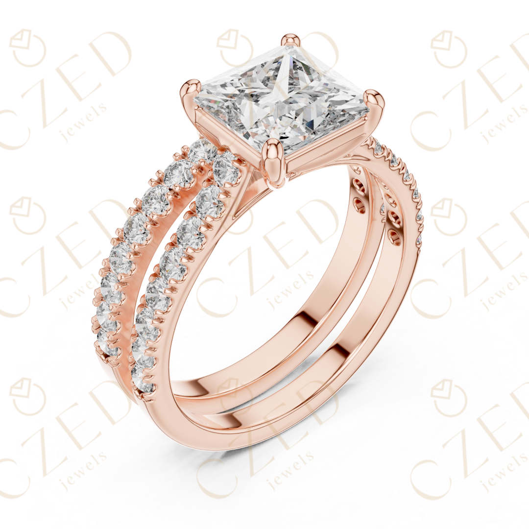 Princess Cut Diamond Split Shank Pave Engagement Ring