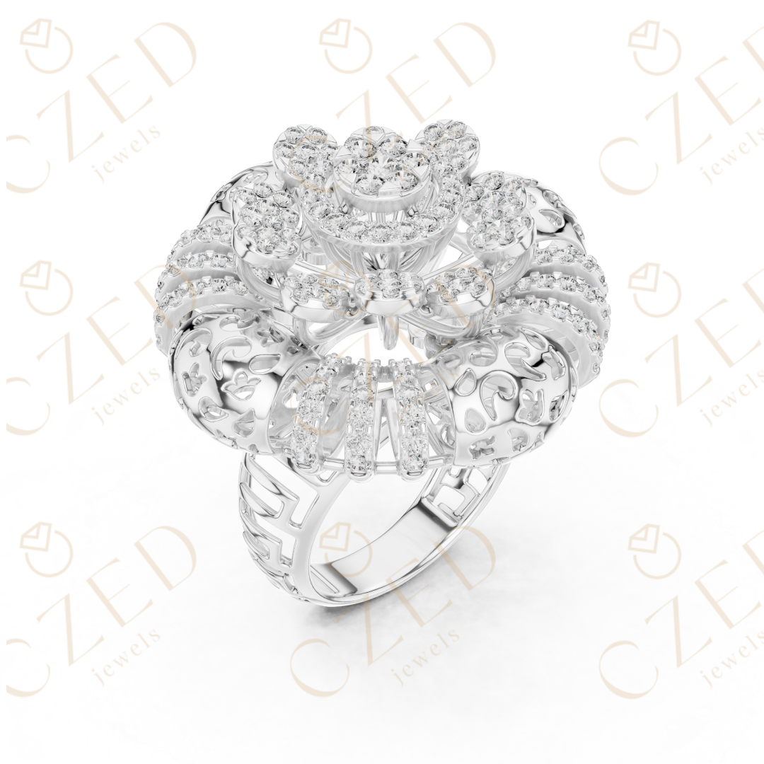 Round Brilliant Diamond Floral Halo Ring with Radiant Cluster Design