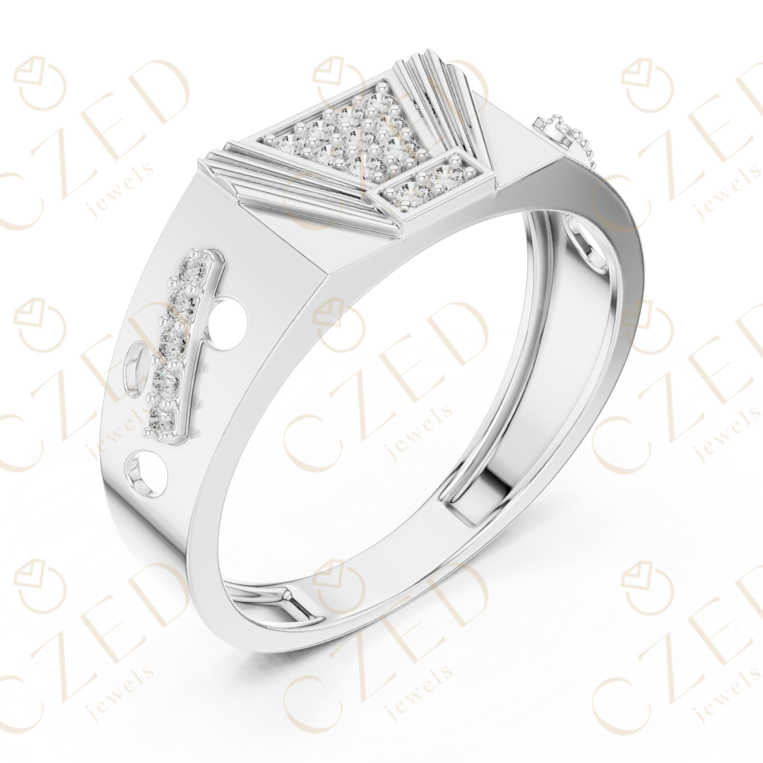 Round Cut Diamond Geometric Pavé Signet Band Ring