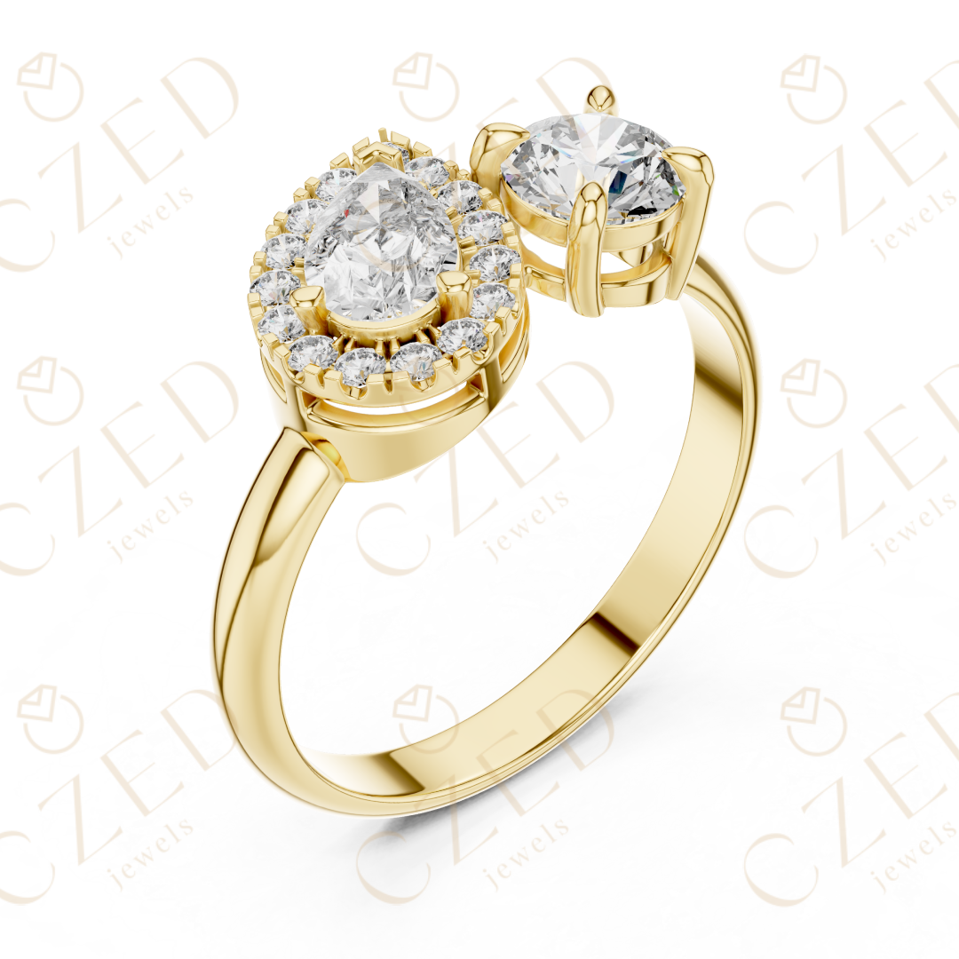 Pear and Round Cut Diamond Halo Two Stone Ring