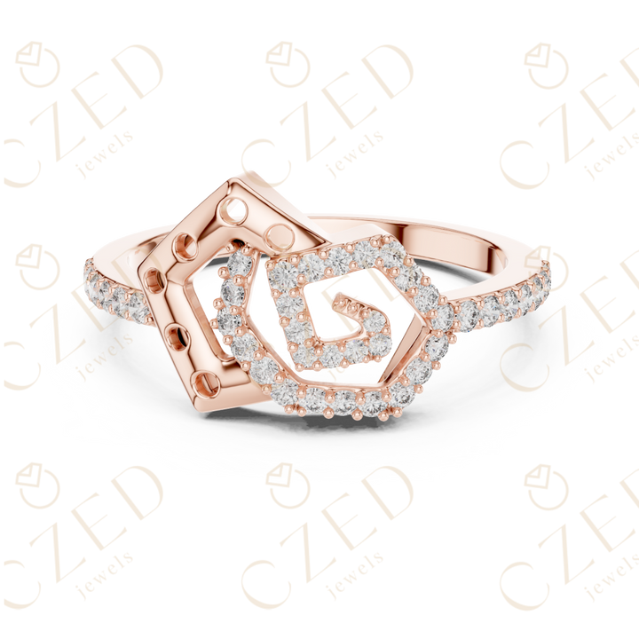 Round Cut Diamond Geometric Spiral Halo Ring