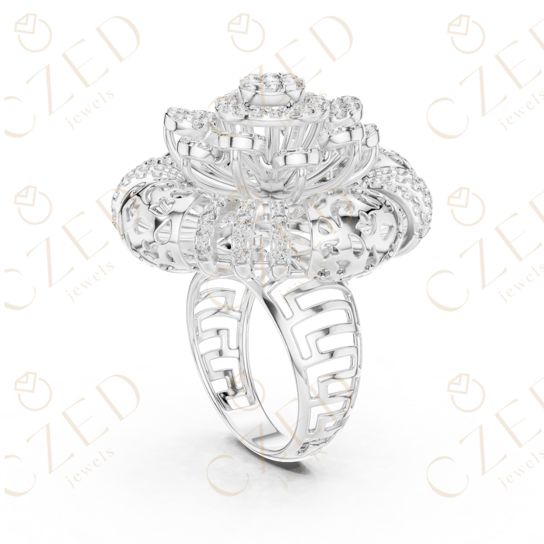 Round Brilliant Diamond Floral Halo Ring with Radiant Cluster Design