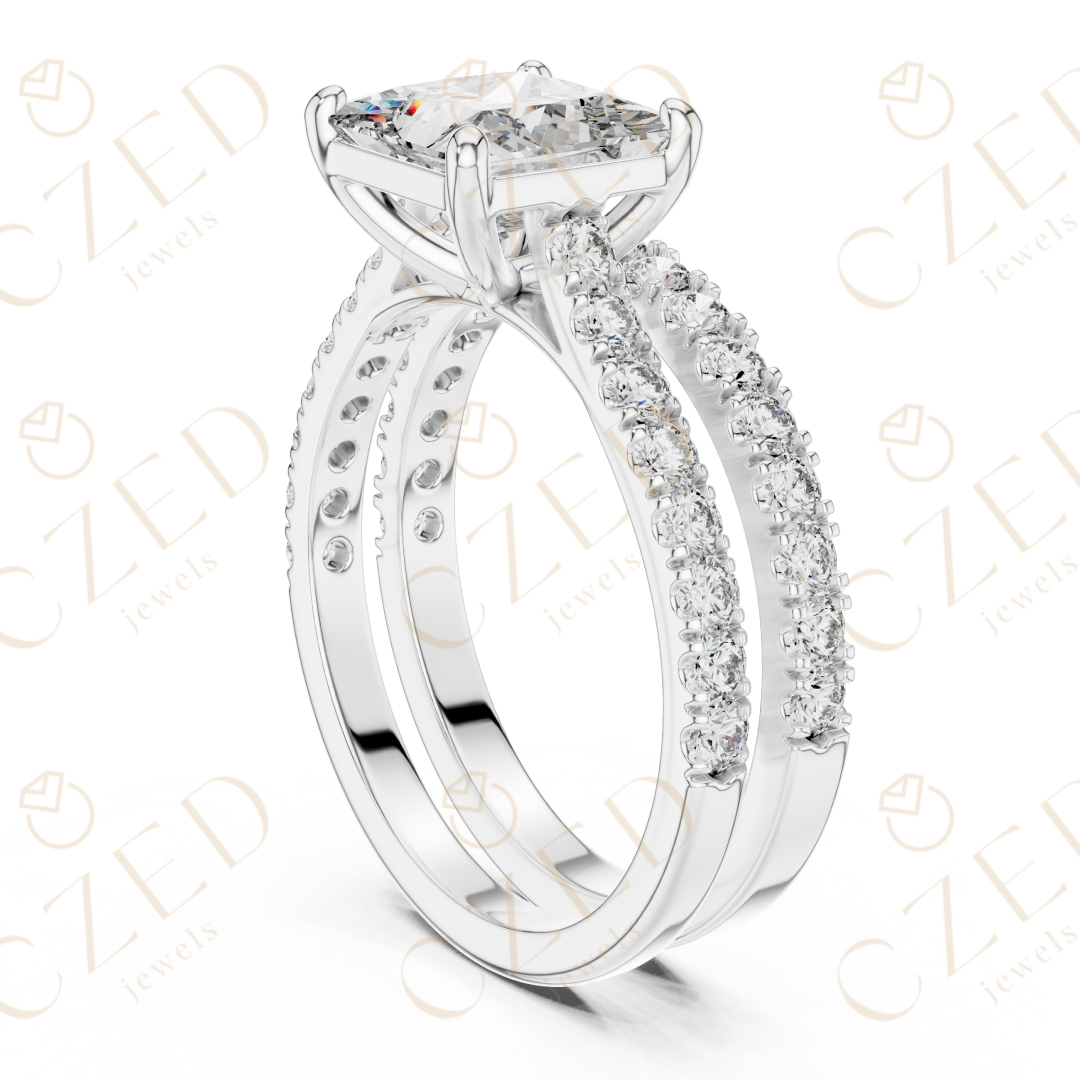 Princess Cut Diamond Split Shank Pave Engagement Ring